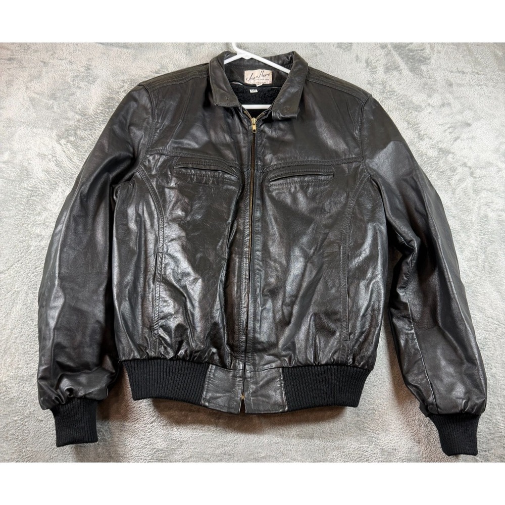Vtg Jean Pierre Leather Bomber Jacket 42L Made in Argentina Black Lined